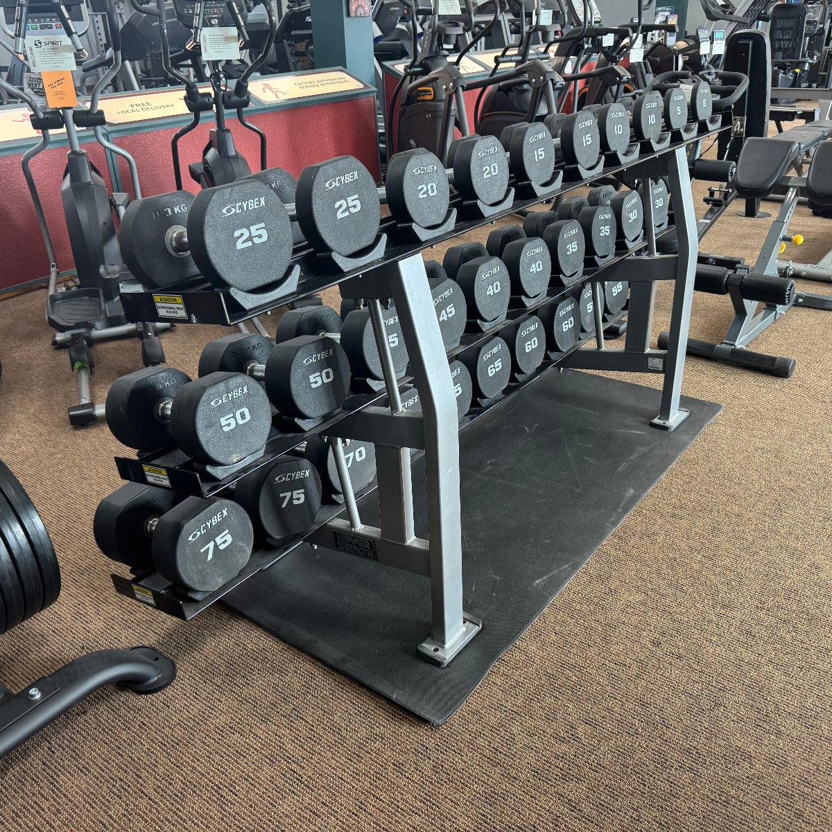 Dumbbell rack with various weights in a gym setting