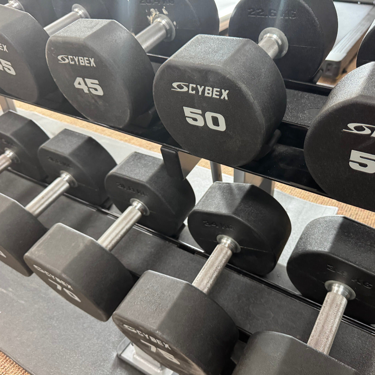 Row of Cybex dumbbells on a rack in a gym setting